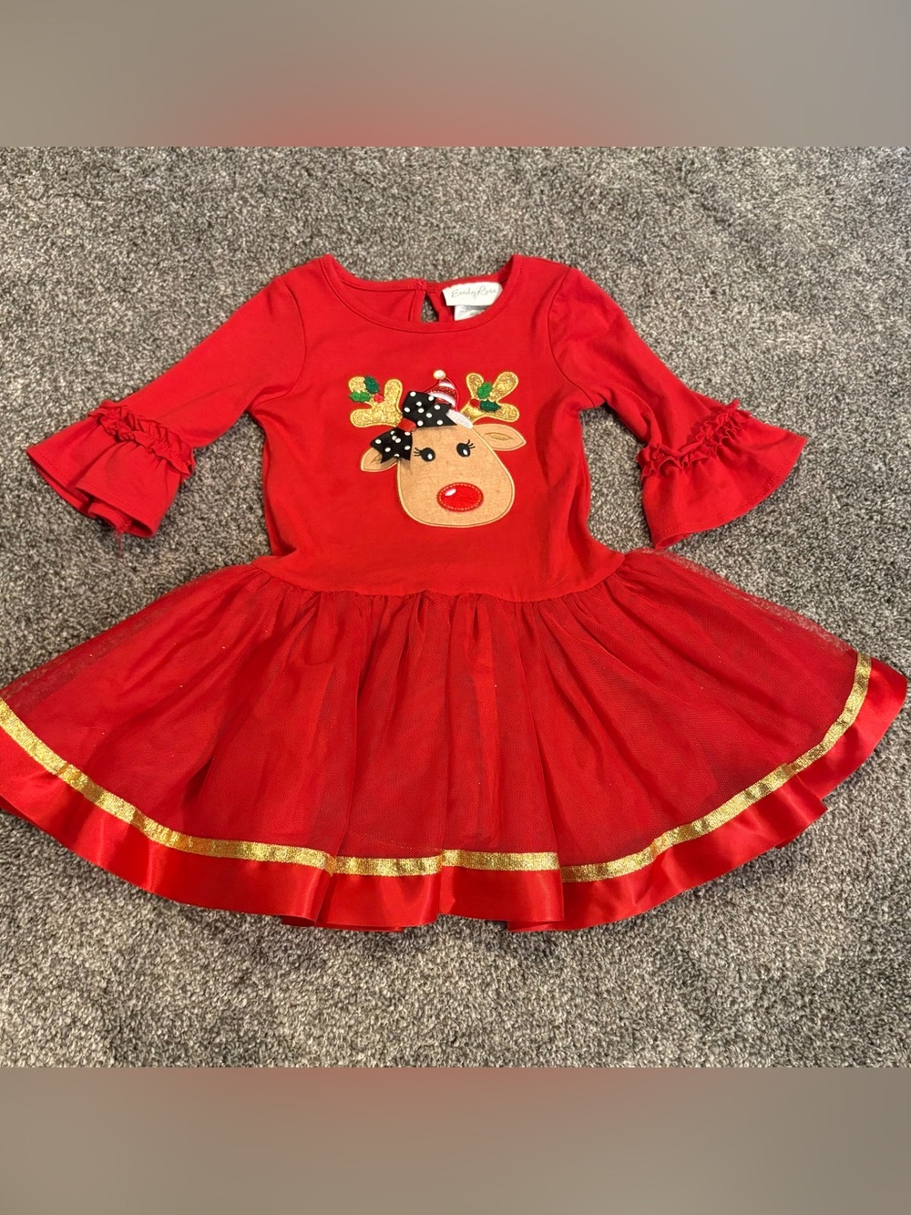 Emily Rose Red Holiday Reindeer Tulle Dress with Gold Accent